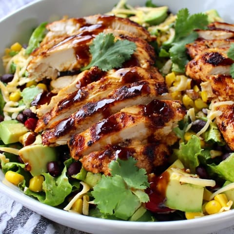 Juicy grilled honey lime chicken slices fanned over a crisp romaine salad with corn, black beans, and avocado.  