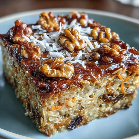 Golden baked carrot cake oatmeal with warm spices and tender carrots.