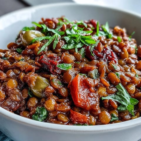 A warm bowl of Cuban-Inspired Lentil Picadillo garnished with fresh cilantro and served beside fluffy white rice. 