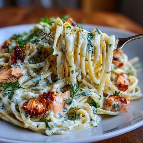 Creamy salmon pasta in a white bowl, silky sauce coating fettuccine with flaked hot-smoked salmon and fresh dill.