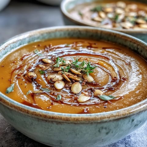 A bowl of creamy butternut squash and apple soup garnished with toasted pumpkin seeds and a drizzle of heavy cream.