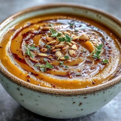 Warm butternut squash and apple soup served in a rustic ceramic bowl with fresh thyme on top.