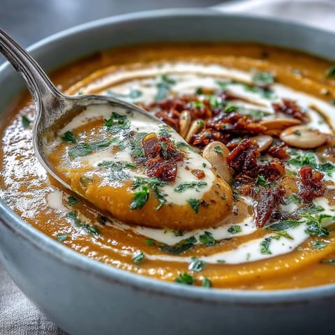 Roasted broccoli and butternut squash soup served in a rustic ceramic bowl with a coconut cream swirl.  