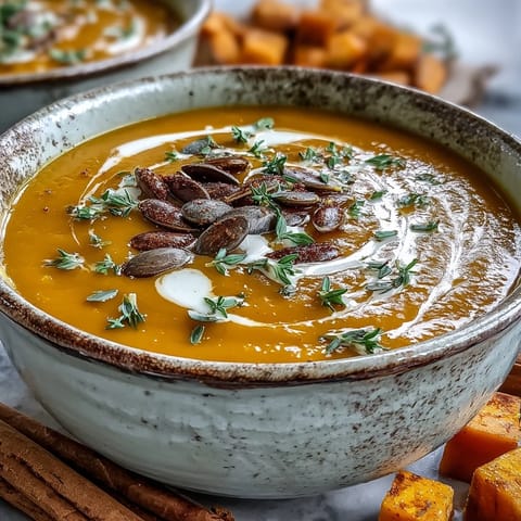 Easy Roasted Butternut Squash Soup served warm with a swirl of cream and crusty bread.