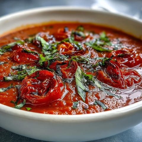 Silky roasted tomato basil soup served with a crusty bread slice for dipping, steaming gently on a wooden table.