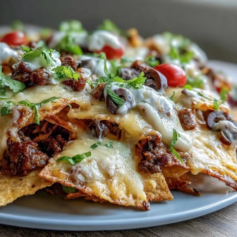 A close-up view of Baked Nachos with melted cheese bubbling over crispy chips, layered with savory ground beef, black beans, and colorful diced tomatoes and onions.