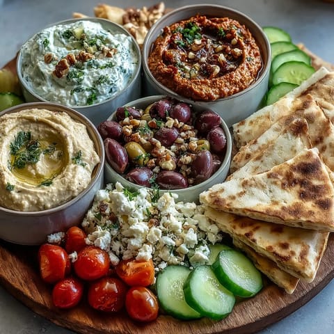 Colorful Mediterranean Brunch Board with Dips and Flatbreads showcases crumbled feta, briny olives, and crispy pita triangles arranged for sharing.