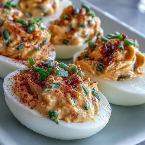Freshly piped Million Dollar Deviled Eggs with creamy yolks and finely chopped chives topping.
