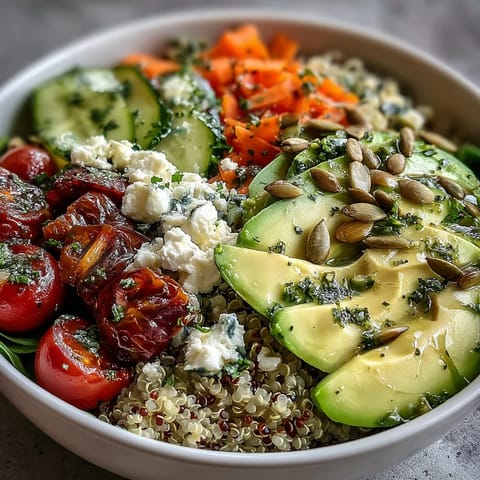 Colorful Simple Grain Bowl topped with grilled chicken, avocado, and crunchy pumpkin seeds, served on a white plate.