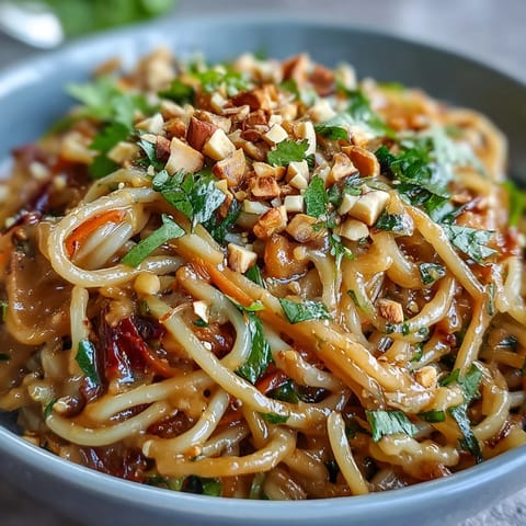 Freshly cooked rice noodles tossed with crisp shredded carrots, red cabbage, and bell peppers in a creamy peanut dressing, topped with chopped peanuts and cilantro.