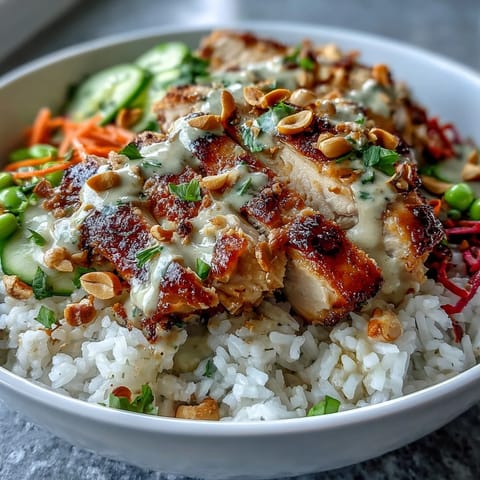 Fluffy coconut rice topped with grilled chicken, crisp veggies, and chopped peanuts, drizzled with creamy peanut sauce in a white bowl.  
