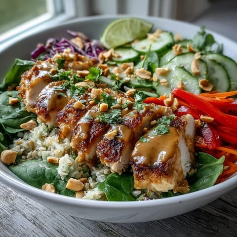 Golden-baked chicken slices glisten over fluffy quinoa and vibrant veggies in a Peanut Chicken Power Bowl, drizzled with creamy peanut sauce.