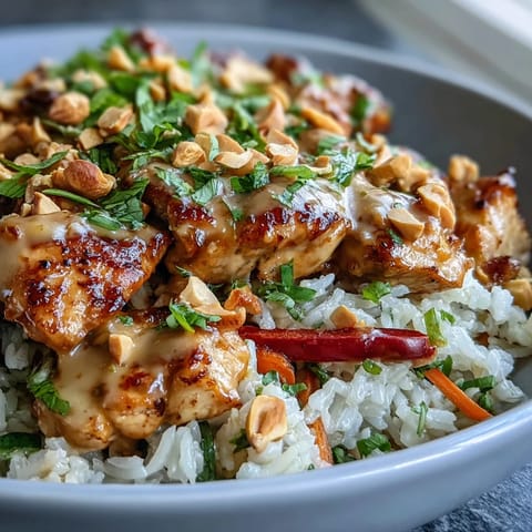 Close-up of a Thai Peanut Chicken Bowl, showcasing tender chicken, fluffy coconut rice, vibrant red bell peppers, and shredded carrots, all drizzled with a creamy peanut sauce.
