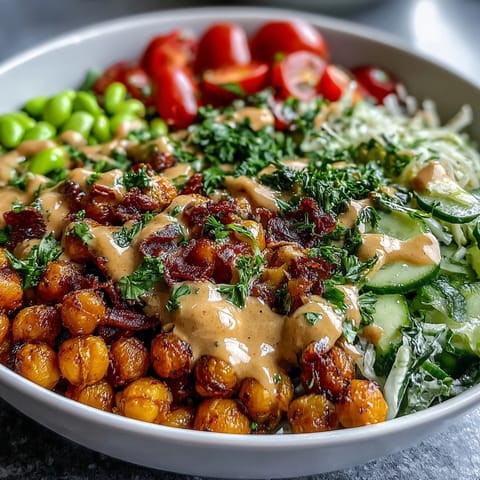Close-up of a Peanut Chickpea Protein Bowl, featuring colorful cabbage, carrots, and cucumbers drizzled with savory peanut dressing.