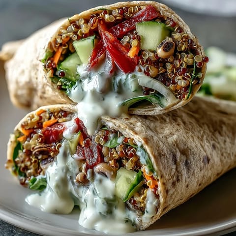 Creamy tahini sauce drizzled over warm Black-Eyed Pea Wraps served with a side of lemon wedges.