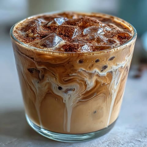 Glass of iced hojicha latte with roasted green tea, creamy milk, and ice cubes on a wooden table.