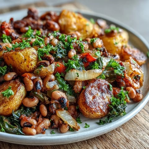 Fork-tender Yukon Gold potatoes and savory black-eyed peas roasted with smoky paprika, garnished with fresh green onions, served with a sunny-side-up egg.