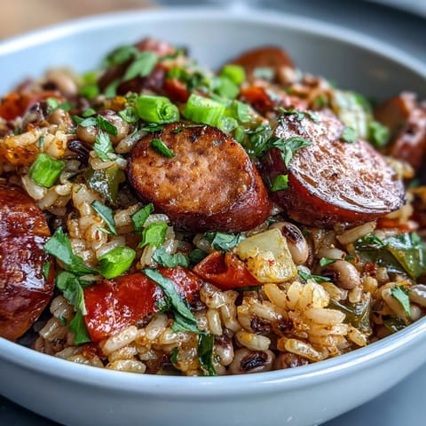 Spicy Black-Eyed Pea Jambalaya with andouille sausage and peppers served in a warm ceramic bowl.
