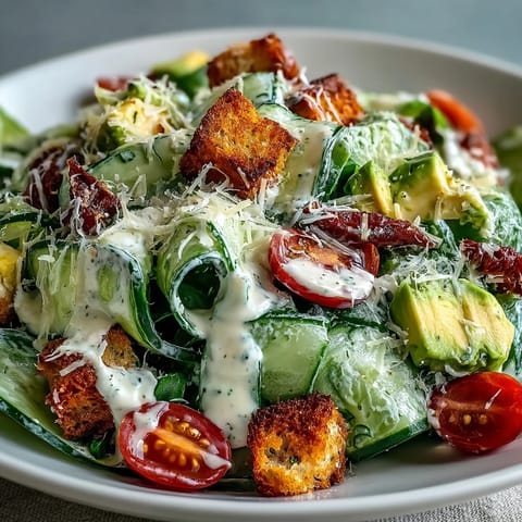 Sliced cucumbers tossed in Caesar dressing, topped with croutons and Parmesan, served in a rustic ceramic bowl. This refreshing salad is a perfect, easy side dish for a summer barbecue.