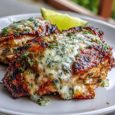 Sizzling Tex-Mex chicken from the grill, garnished with fresh cilantro and served with bright lime wedges on the side.