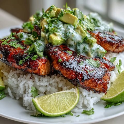 Sliced Tangy Honey Lime Chicken rests on a bed of jasmine rice topped with creamy avocado salsa and a lime wedge.