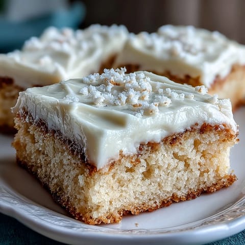 A close-up of frosted almond flour sugar cookie bars, showing their soft, chewy texture, ready to serve on a dessert plate.