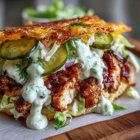 Sizzling skillet chicken smashed thin, layered with pickles and ranch on a cheesy tortilla, served fresh with onions for a flavorful bite.