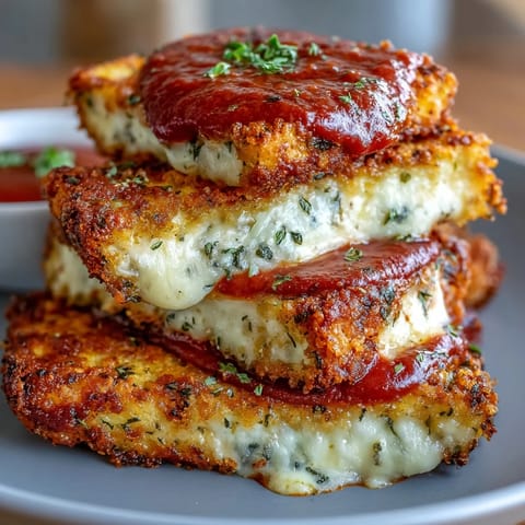 Golden-brown Crispy Tofu Chicken Parm Bakes with melted mozzarella, fresh basil, and marinara on a baking sheet.