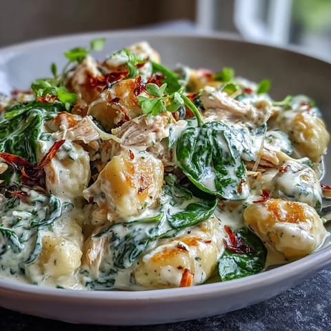 Fork-tender gnocchi and shredded chicken coated in a rich, garlicky Parmesan cream sauce with wilted spinach.