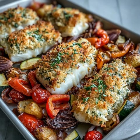 Tender cod fillets topped with a crunchy Parmesan and panko mixture alongside caramelized cherry tomatoes and onions, ready to serve.
