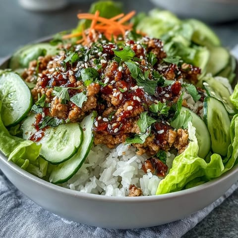Crisp lettuce leaves cradling savory sesame turkey, carrots, and cucumber ribbons next to a steaming bowl of fluffy rice.