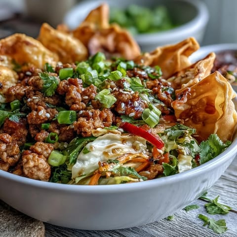 Savory ground turkey with crisp cabbage and peppers fills white bowls for a deconstructed egg roll meal.