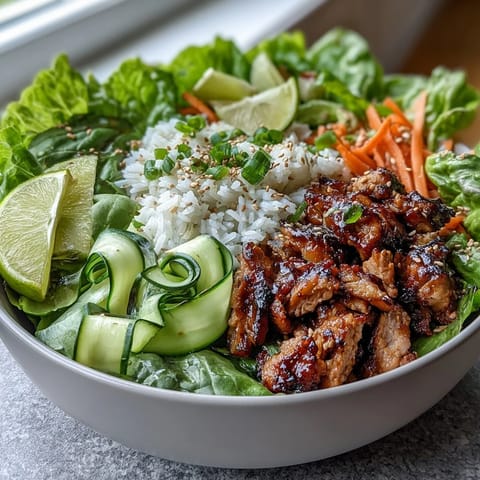 Sesame Turkey Lettuce Wrap Bowls with fluffy rice, crisp lettuce cups, and colorful carrot ribbons ready to be assembled.