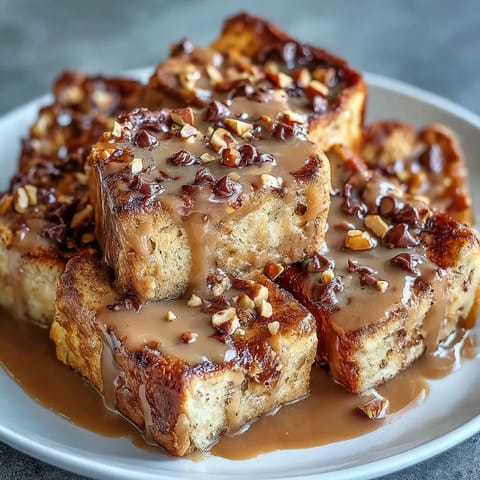 Served warm, this High-Protein Peanut Butter & Chocolate Baked French Toast is drizzled with maple syrup alongside fresh berries on a rustic plate.