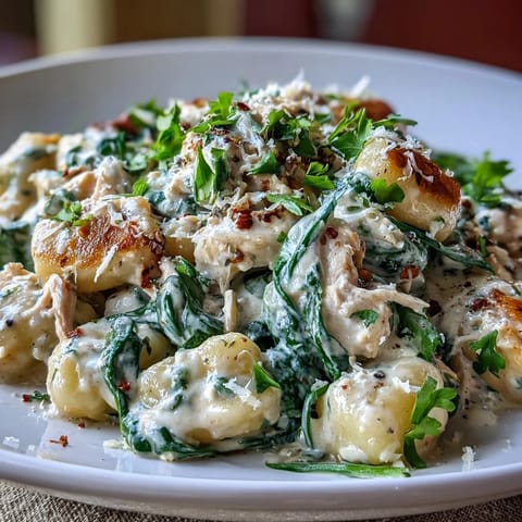 Creamy Spinach & Parmesan Gnocchi with Chicken presented in a white dish with fresh parsley garnish.