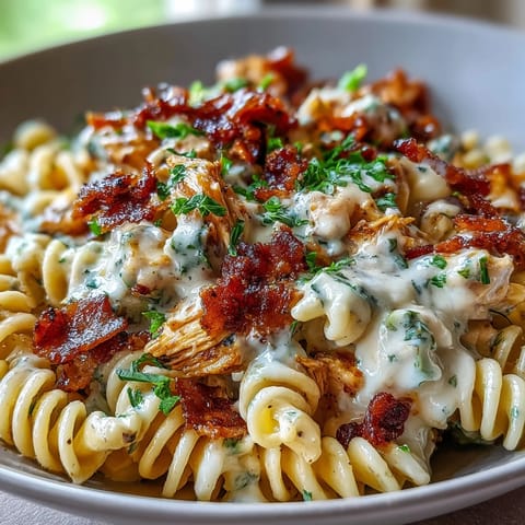 A close-up of Creamy Jalapeño Popper Chicken Pasta topped with crispy bacon and fresh chives.  