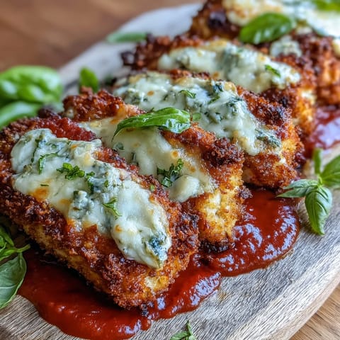 A close-up of Crispy Tofu Chicken Parm Bakes with bubbly cheese, rich marinara, and basil garnish, arranged on a rustic baking sheet.