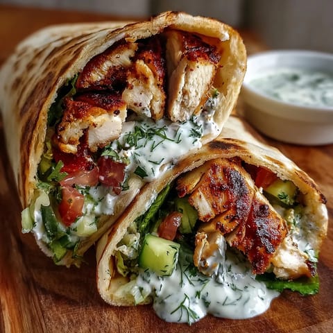 Light Greek chicken pita pockets filled with grilled chicken, cucumber tomato salad, and creamy yogurt sauce in warm pita bread.  
