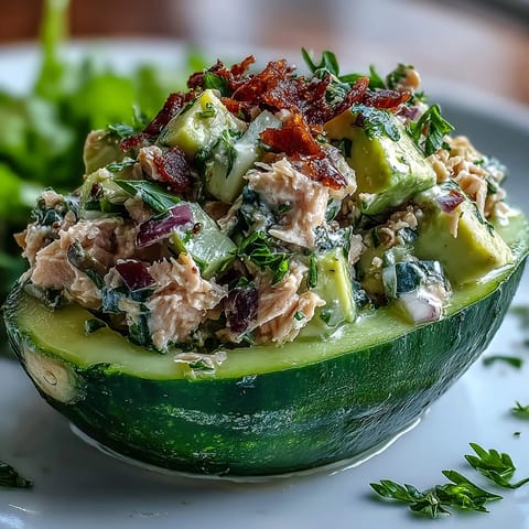 Fresh cucumber boats filled with creamy tuna and avocado salad, a quick and healthy lunch idea for busy days.