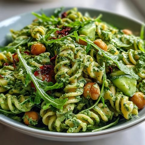 A vibrant, protein-rich pasta salad featuring fusilli tossed with basil cashew pesto, chickpeas, and peppery arugula, topped with sliced red onion and cherry tomatoes.  