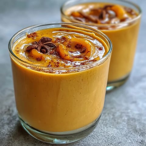 A vibrant vegan mango turmeric golden milk smoothie in a glass, topped with a sprinkle of cinnamon and chia seeds.