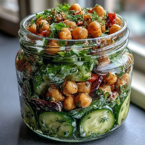 Vibrant citrus herb chickpea cucumber salad jars with zesty lemon dressing, fresh herbs, and colorful veggies for healthy, make-ahead lunches.