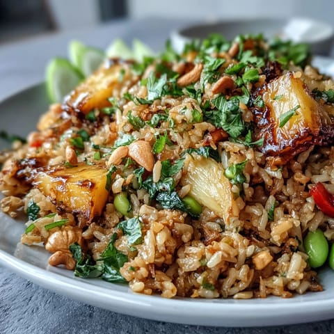 Vibrant, healthy vegan fried rice with cauliflower rice, edamame, and pineapple, garnished with roasted cashews and fresh cilantro.  