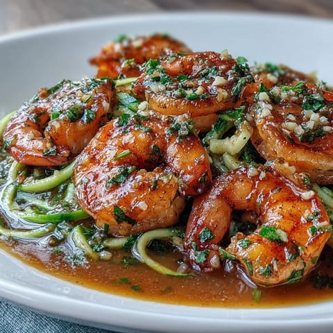 A mouthwatering low-carb dish featuring juicy shrimp in garlic butter, paired with fresh zucchini noodles for a healthy twist.