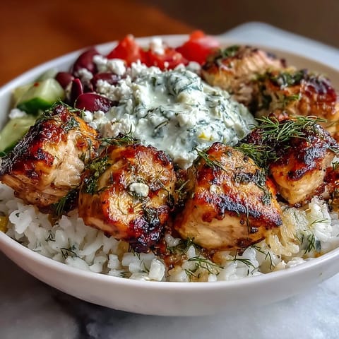 Colorful light Greek chicken souvlaki bowls loaded with tender grilled chicken, fresh cucumber, tomatoes, olives, and homemade tzatziki sauce.  