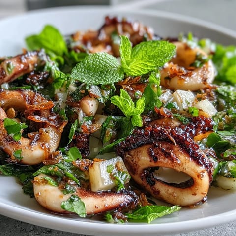 Chilli-Lime Squid Salad with fresh herbs, crisp vegetables, and tender grilled squid in a zesty dressing.