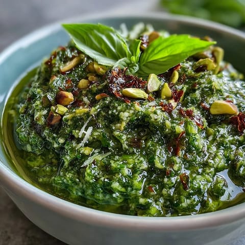 Creamy pistachio pesto sauce with fresh basil, garlic, and Parmesan, perfect for pasta or crostini.  