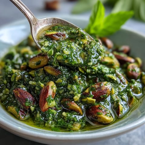 Vibrant green pistachio pesto made with ground nuts, olive oil, and herbs, served with grilled vegetables.  