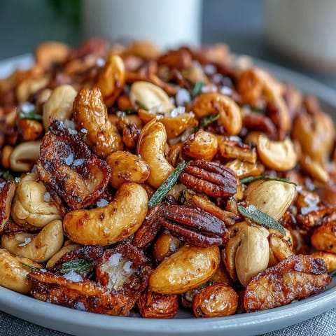 Salted honey and peanut snack mix in a rustic bowl, golden and glistening with sweet honey glaze.  