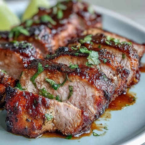 Spicy jerk seasoned pork tenderloin with a caramelized crust, served with fresh lime wedges for a zesty finish.  